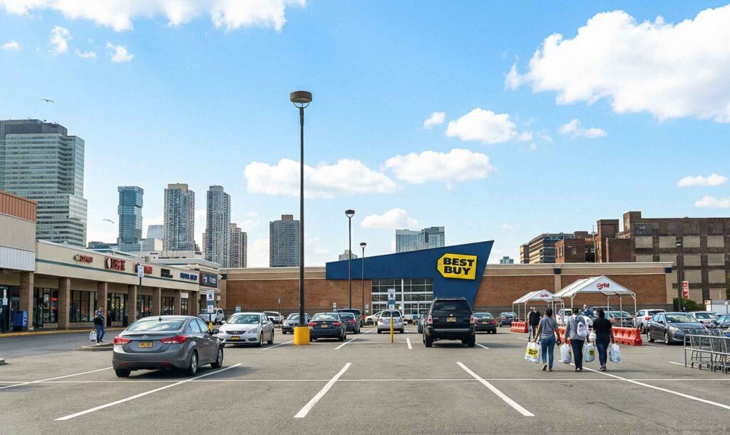 Newport Plaza shopping center Jersey City NJ — open-air retail with Best Buy and Five Below